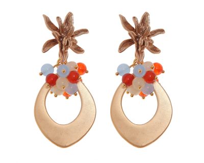 Pendientes de lágrima de oro con bolas de piedra Ágata naranja, celeste y beige y cabezal de flor