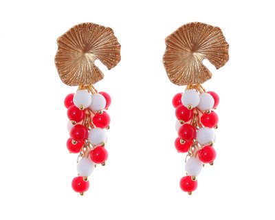 Pendientes de bolas de piedras Ágata rojo y blanco con cabezal de nenúfar