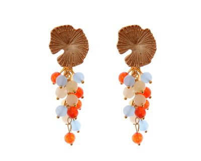 Pendientes de bolas de piedras Ágata celeste, naranja y beige con cabezal de nenúfar