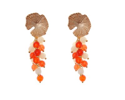 Pendientes de bolas de piedras Ágata naranja y beige con cabezal de nenúfar