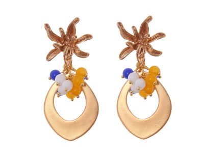 Pendientes de lágrima de oro con bolas de piedra Ágata blanco, azul y mostaza y cabezal de flor