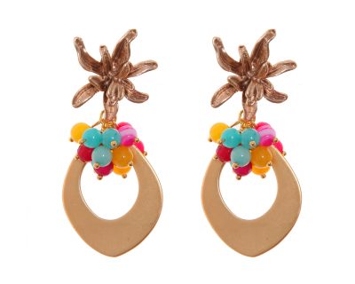 Pendientes de lágrima de oro con bolas de piedra Ágata buganvilla, mostaza y verde y cabezal de flor