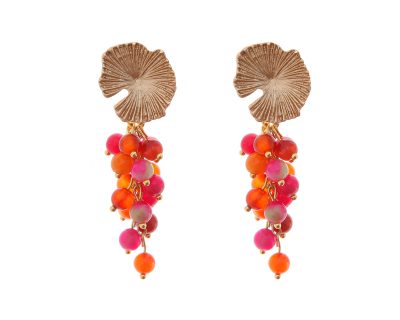 Pendientes de bolas de piedras Ágata rosa y naranja con cabezal de nenúfar