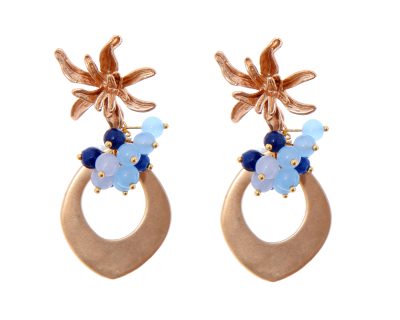 Pendientes de lágrima de oro con bolas de piedra Ágata en tonos de azul y cabezal de flor