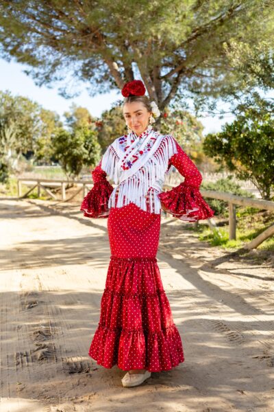 Traje de flamenca Pastora Rojo con lunares blancos