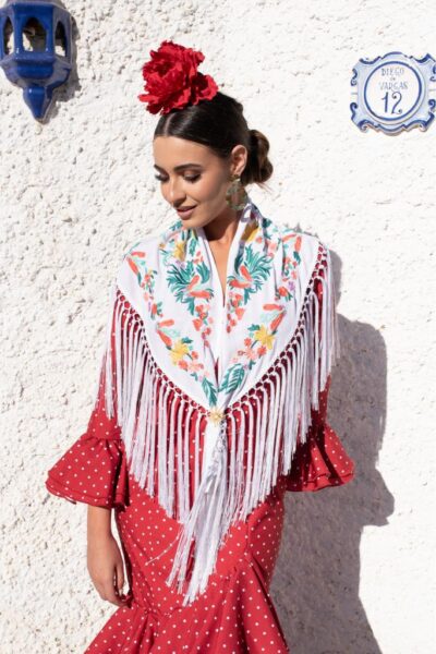 Traje de flamenca Candela Rojo con lunares Blancos