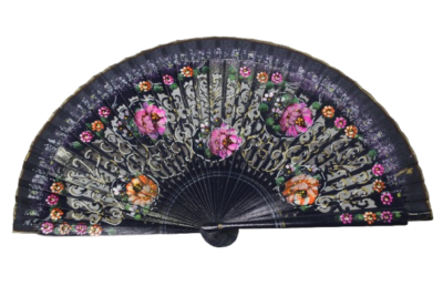 Abanico Azul Marino con flores Buganvillas y Naranjas