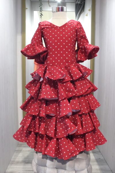 Traje de flamenca niña Marieta Rojo con lunares Blancos