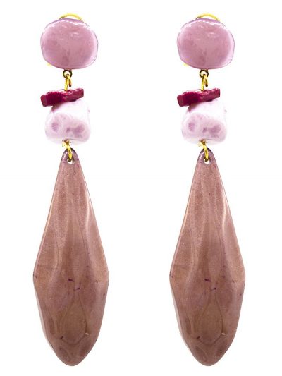 Pendiente de flamenca grande esmaltado acuarela color malva, maquillaje oscuro y buganvilla