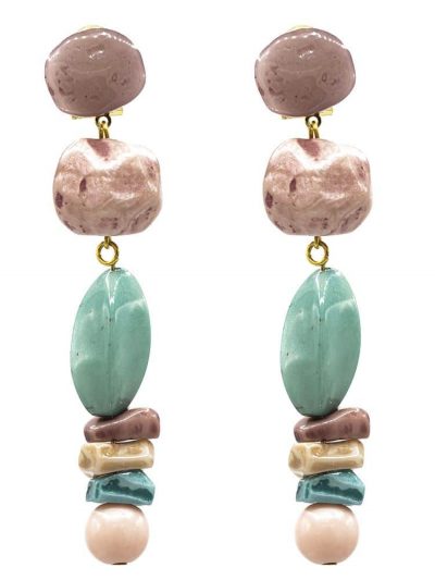 Pendiente de flamenca grande piedras nácar color maquillaje oscuro, aguamarina, beige y rosa bebé