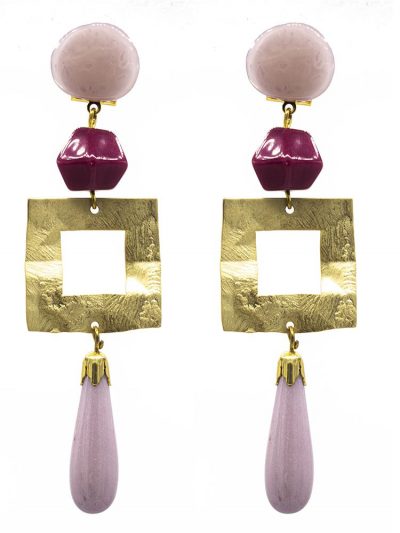 Pendiente de flamenca grande piedras nácar color malva y buganvilla