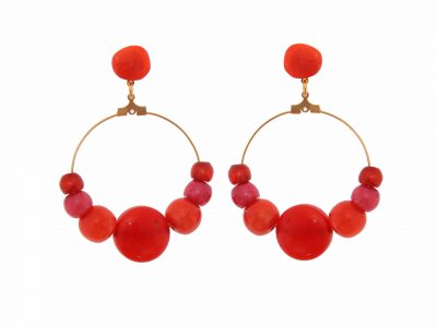 Pendiente de flamenca aro mediano piedras nácar color coral y frambuesa