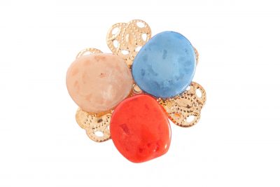 Broche de flamenca flor mediana piedras nácar color azul ducado, coral y beige