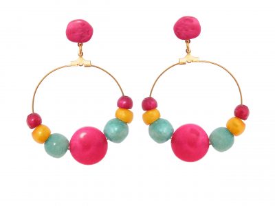 Pendiente de flamenca aro mediano piedras nácar color buganvilla, verde turquesa y mostaza