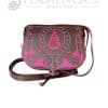Bolso-bandolera de señora en piel picado virgen del rocío marrón engrasado con fondo fucsia
