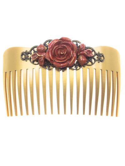 Peinecillo de flamenca flor de resina coral y fornitura metálica dorada