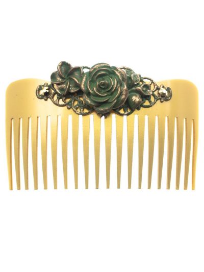 Peinecillo de flamenca flor de resina verde agua y reflejos dorados