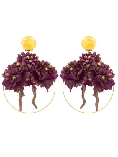  Flamenco hoop earring with coral detail and purple flower fabric
