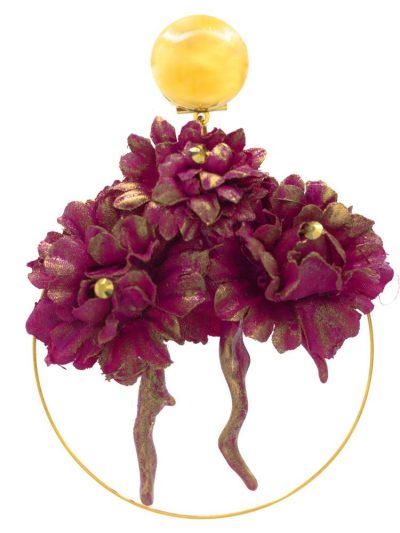 Flamenco ring earring with coral detail and bougainvillea fabric fabric