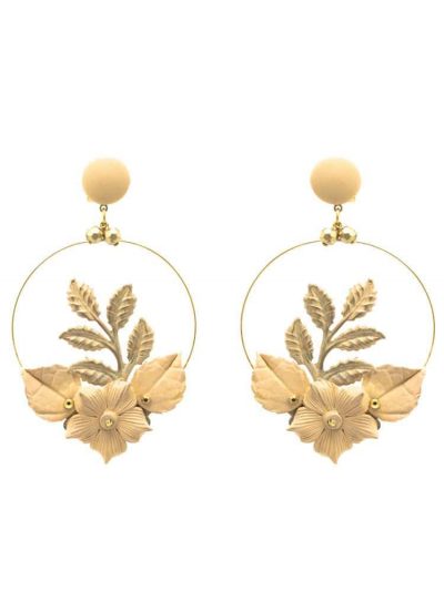Flamenco hoop earring with golden stones and beige porcelain flower