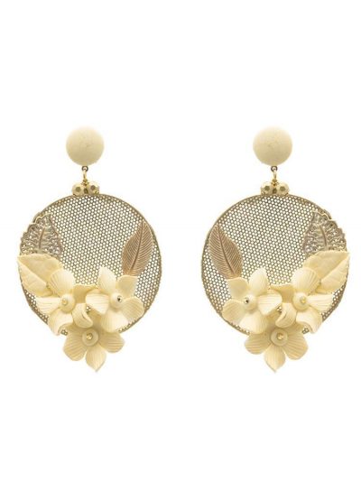 Flamenco earring hoop with golden stones and ivory porcelain flower