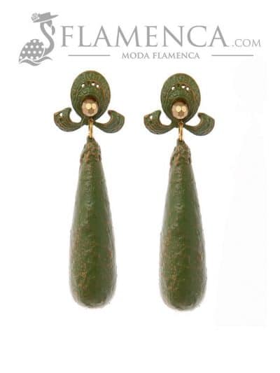 Pendiente de flamenca verde caki con reflejos oro